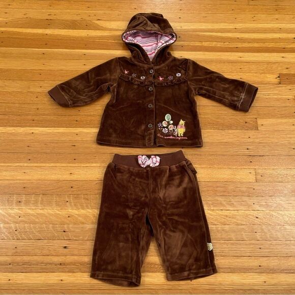 Disney Baby Winnie the Pooh brown velour hooded sweatsuit - Picture 1 of 8